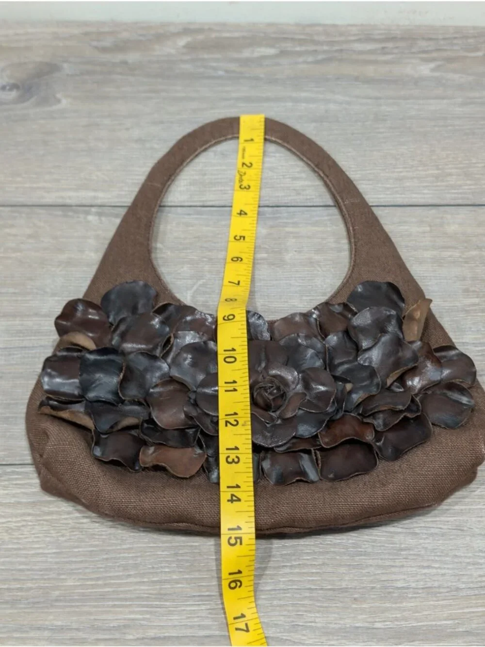 Paolo Masi Italian Leather and Brown Canvas Shoulder Bag Floral Applique Boho